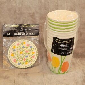 Contempo‎ 12 Paper Cups and 12 Coasters Set VTG Floral Tulip Orange Yellow USA